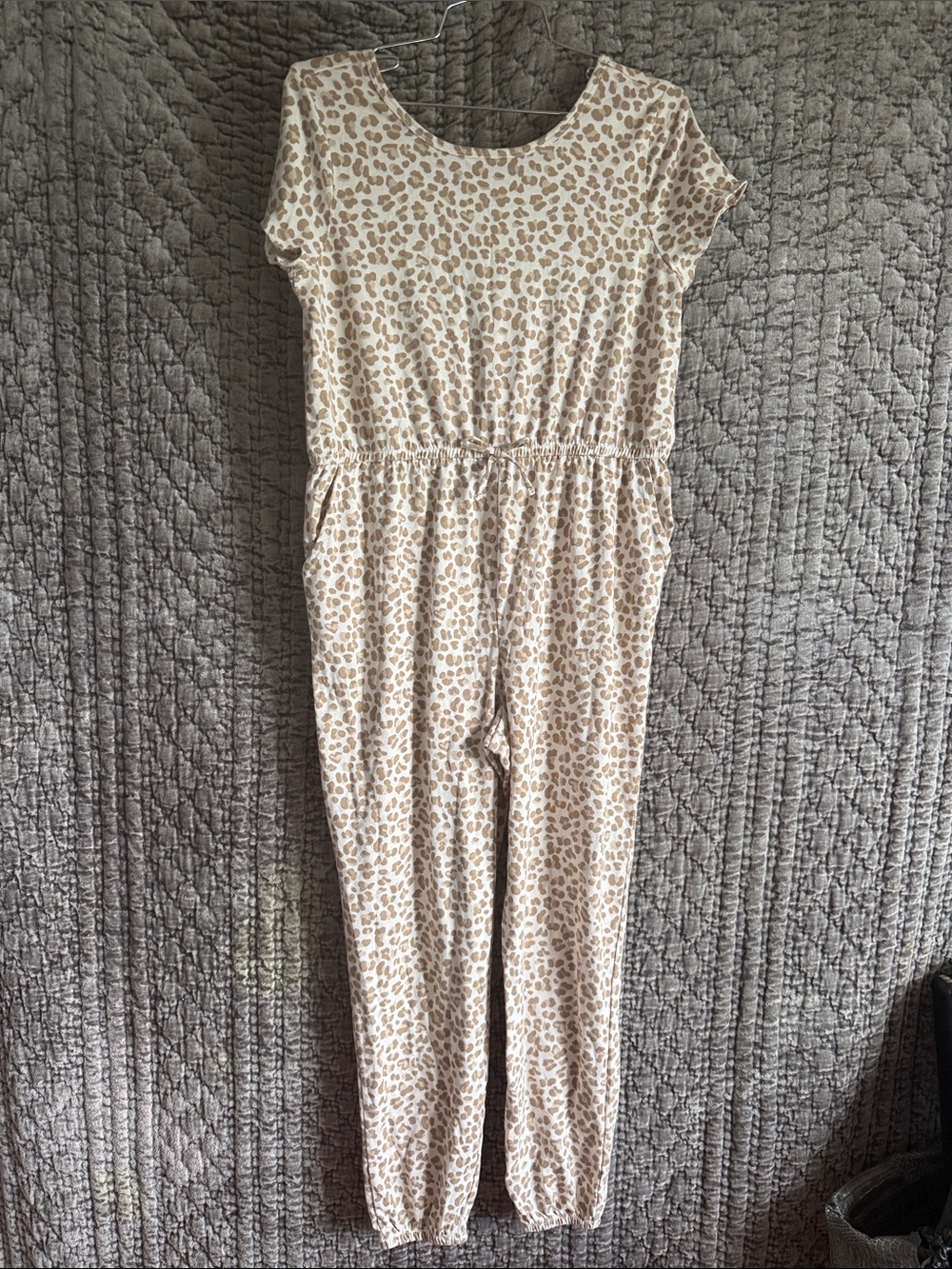 Neutral Leopard-Print Short Sleeve Jumpsuit - Beige
